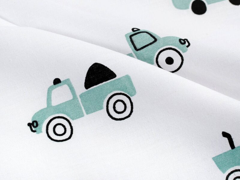 Cotton fabric green cars on white by Stofex.