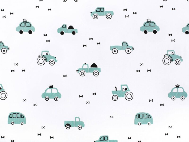 Cotton fabric green cars on white by Stofex.