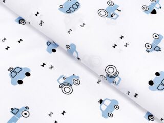 Cotton fabric blue cars on white by Stofex.