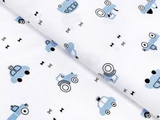 Cotton fabric blue cars on white by Stofex.