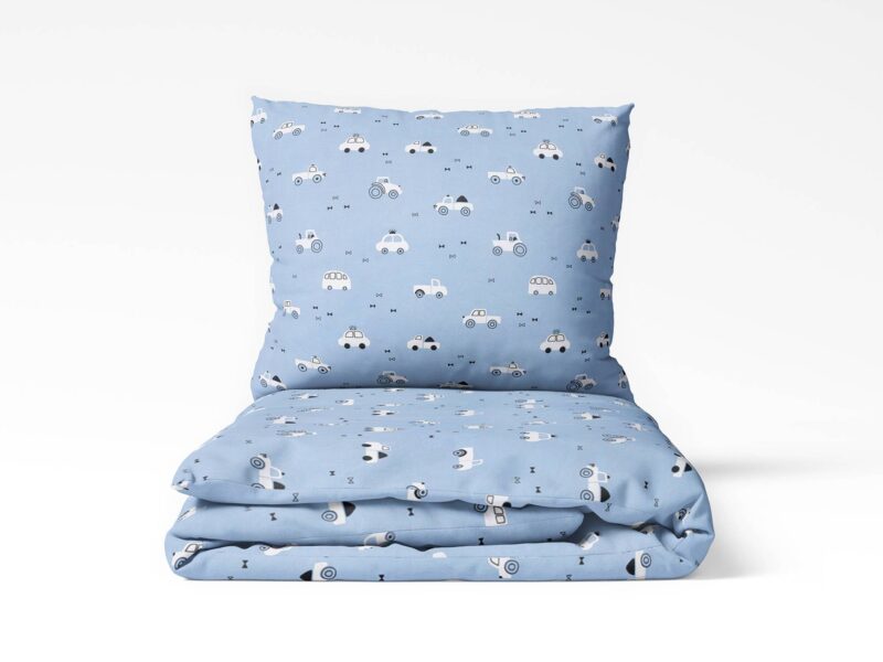 Kids' cotton bed linen white cars on blue background by Stofex.