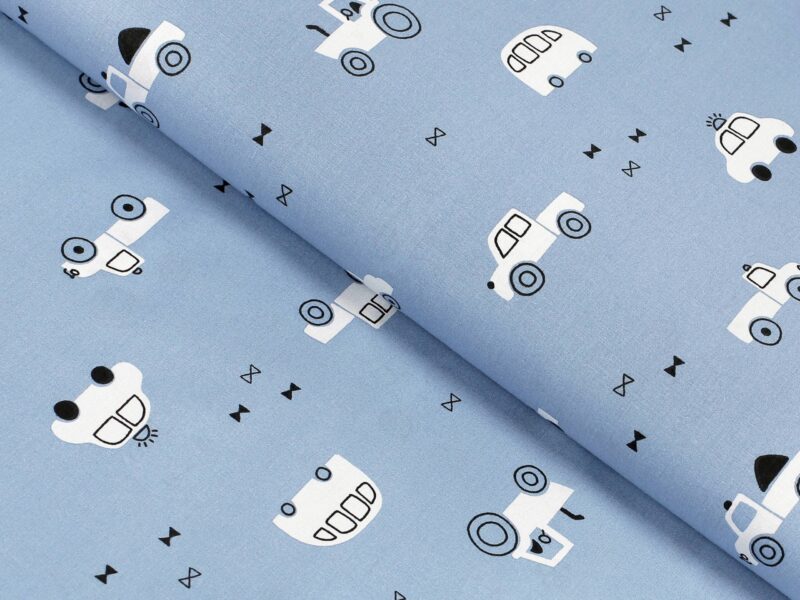 Cotton fabric white cars on blue by Stofex.