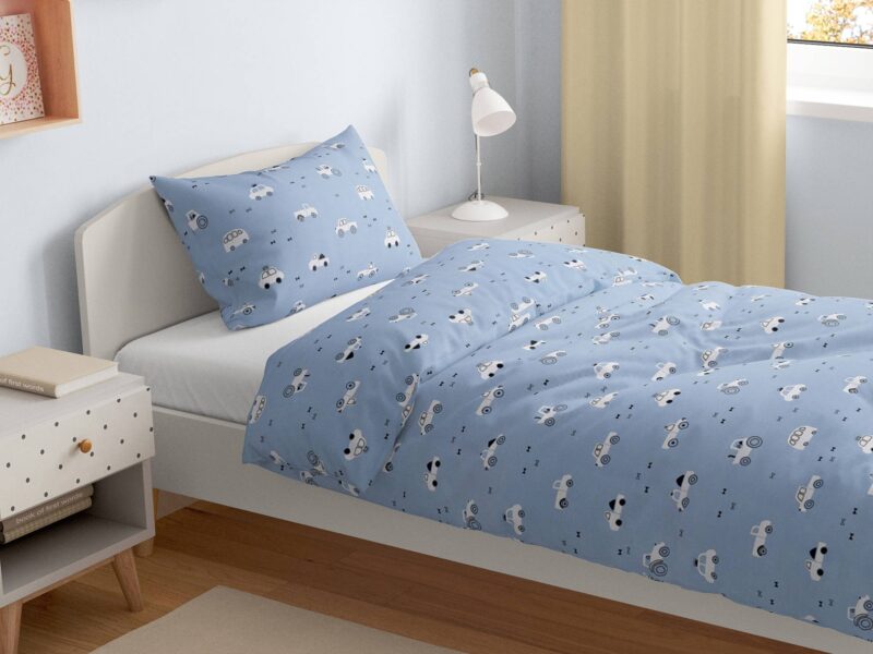 Kids' cotton bed linen white cars on blue background by Stofex.