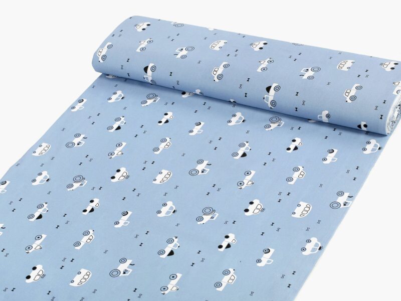 Cotton fabric white cars on blue by Stofex.