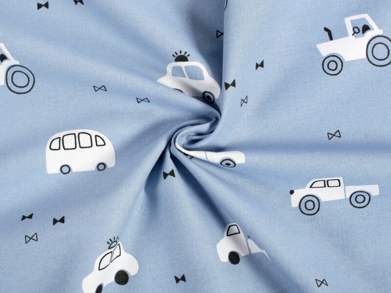 Cotton fabric white cars on blue by Stofex.