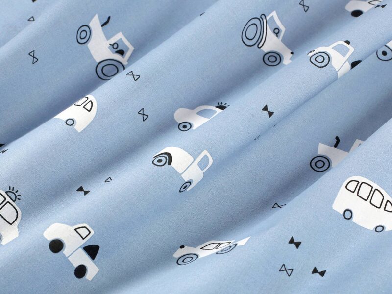 Cotton fabric white cars on blue by Stofex.