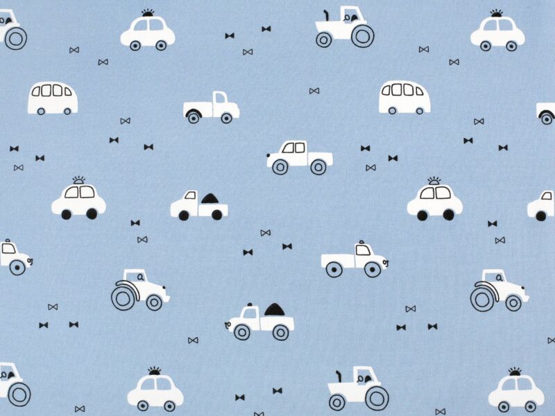 Cotton fabric white cars on blue by Stofex.