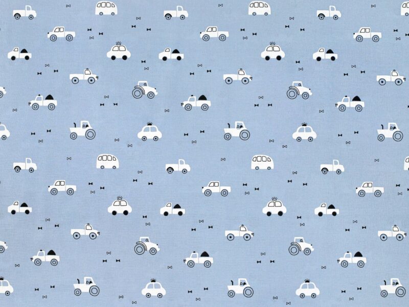 Cotton fabric white cars on blue by Stofex.