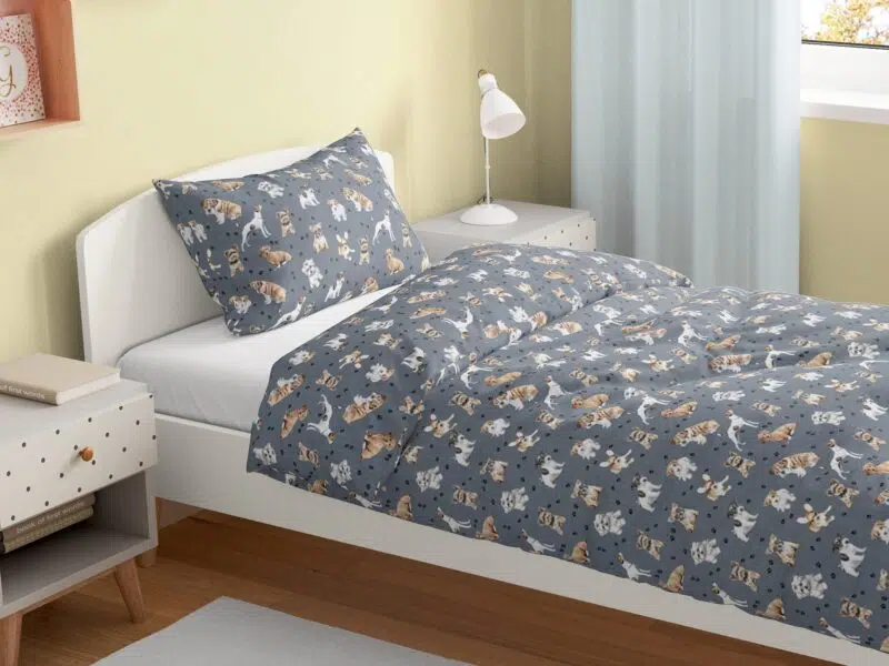 Kids' cotton bed linen puppies on grey by Stofex.