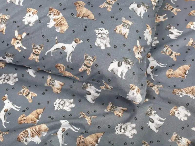 Kids' cotton bed linen puppies on grey by Stofex.