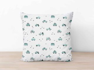 Kids' cotton pillowcase green cars on white background by Stofex.