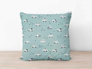 Kids' cotton pillowcase white cars on green background by Stofex.