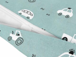 Kids' cotton pillowcase white cars on green background by Stofex.