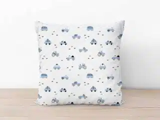 Kids' cotton pillowcase blue cars on white background by Stofex.