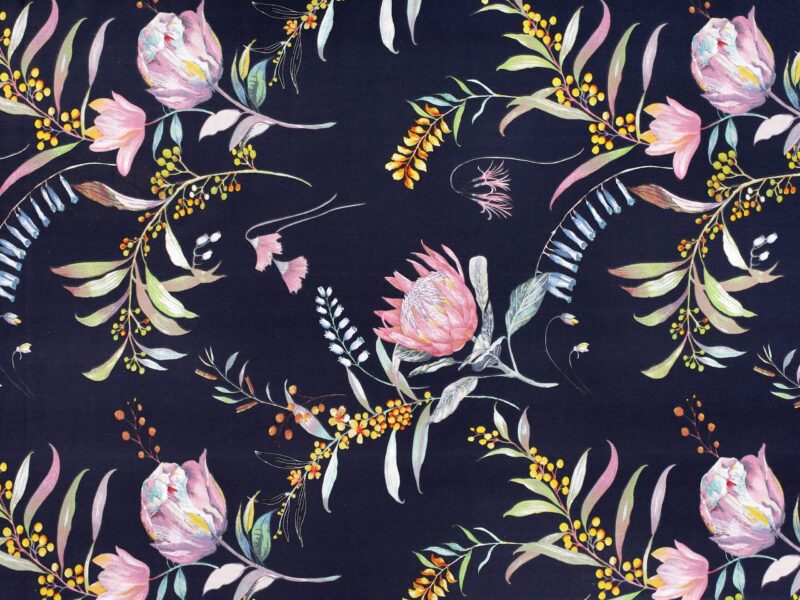 100% Cotton fabric pink flowers on blue by Stofex.