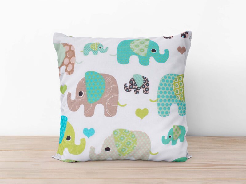 Kids' cotton pillowcase green elephants on white background by Stofex.