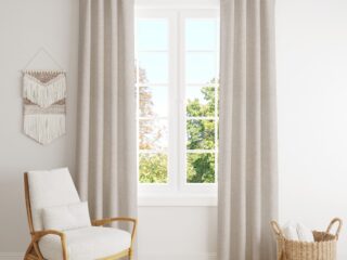 Rubber backed Blackout curtain greige by Stofex.