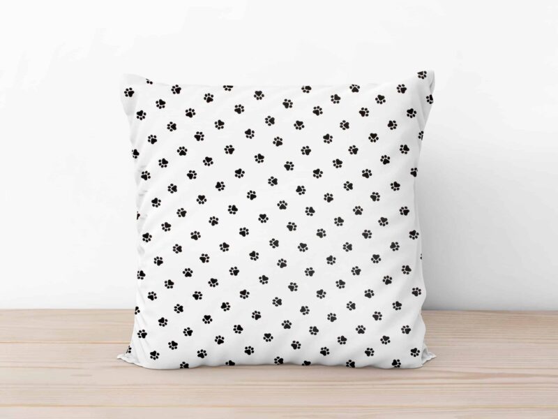 Kids' cotton pillowcase black paws on white background by Stofex.