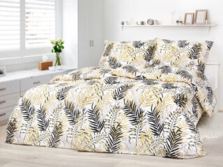 Satin bed linen with golden-black palm leaves by Stofex.