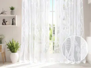 Jacquard sheer curtain stems with leaves pattern 49820 by Stofex.