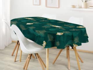 Oval cotton tablecloth ginkgo on dark green by Stofex.