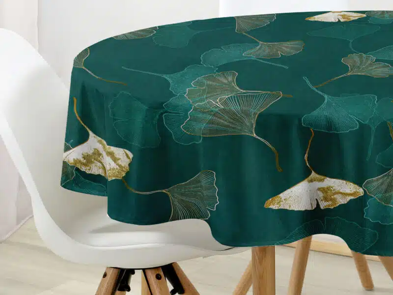 Round cotton tablecloth ginkgo on dark green by Stofex.