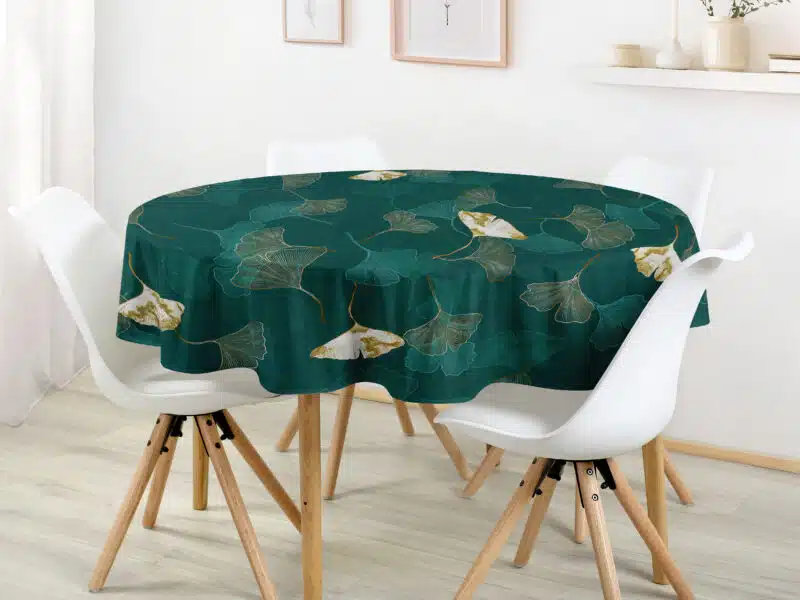 Round cotton tablecloth ginkgo on dark green by Stofex.