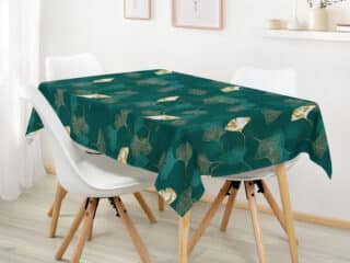 Square cotton tablecloth ginkgo on dark green by Stofex.