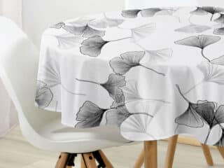 Round cotton tablecloth ginkgo on white by Stofex.