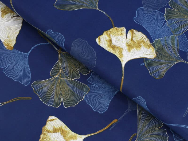 Round cotton tablecloth ginkgo on dark blue by Stofex.