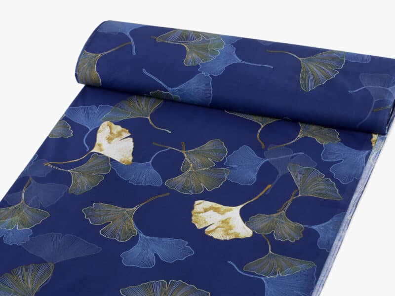 100% Cotton fabric ginkgo on dark blue by Stofex.