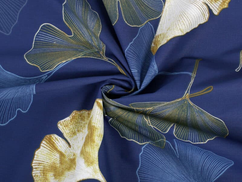 100% Cotton fabric ginkgo on dark blue by Stofex.