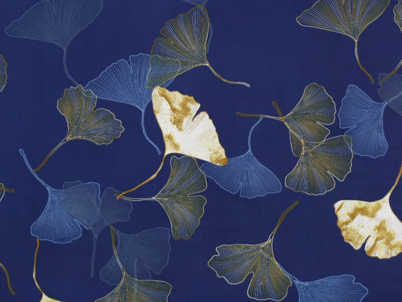 100% Cotton fabric ginkgo on dark blue by Stofex.