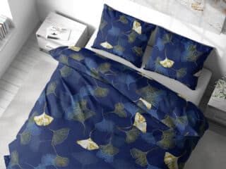 Cotton bed linen ginkgo on dark blue by Stofex.