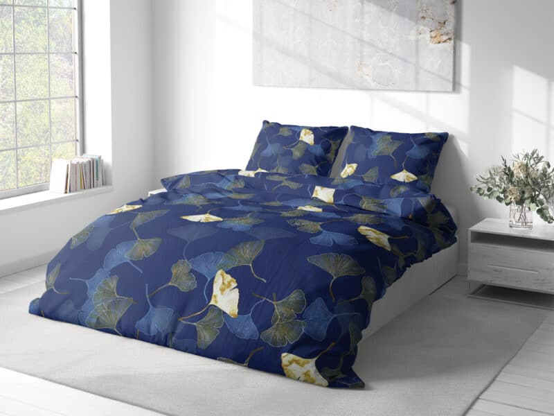 Cotton bed linen ginkgo on dark blue by Stofex.