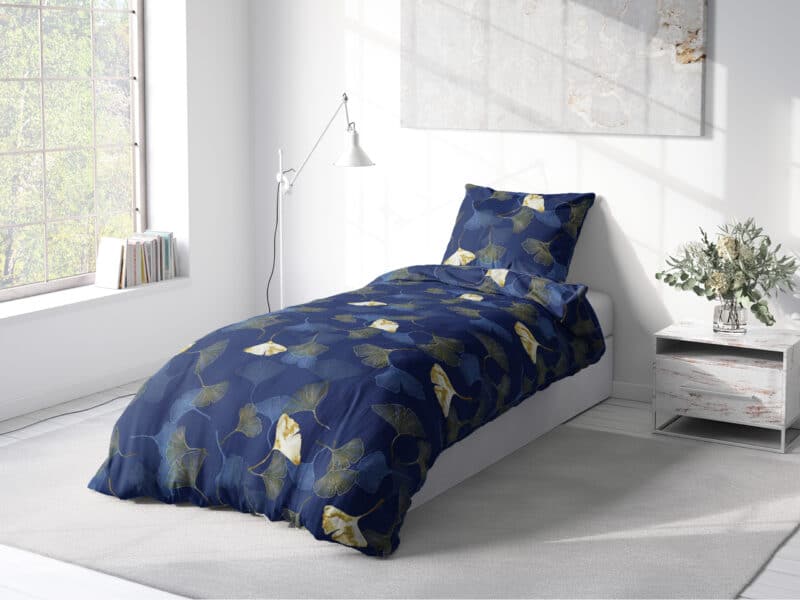 Cotton bed linen ginkgo on dark blue by Stofex.