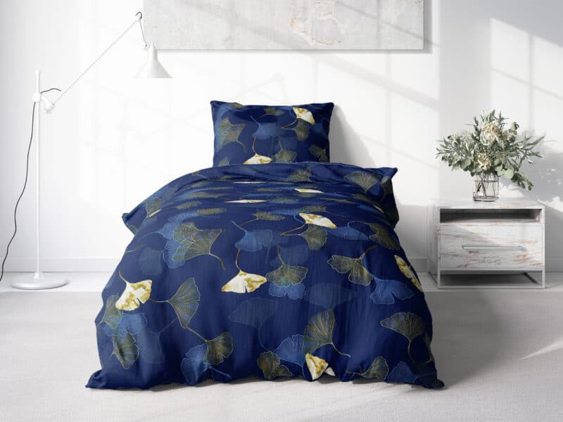 Cotton bed linen ginkgo on dark blue by Stofex.