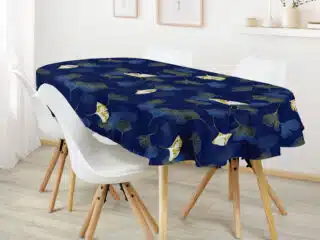 Oval cotton tablecloth ginkgo on dark blue by Stofex.