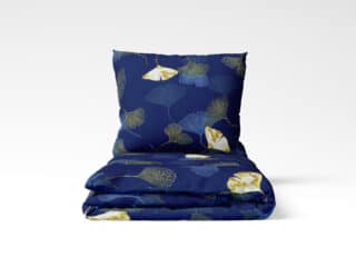 Cotton bed linen ginkgo on dark blue by Stofex.