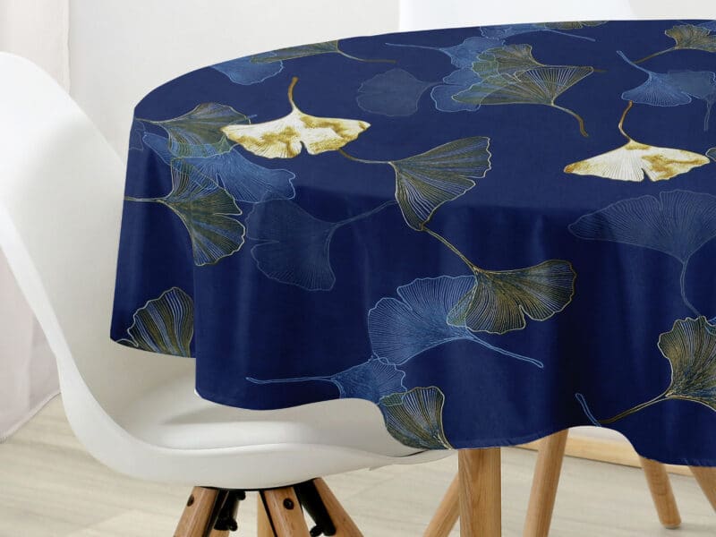 Round cotton tablecloth ginkgo on dark blue by Stofex.