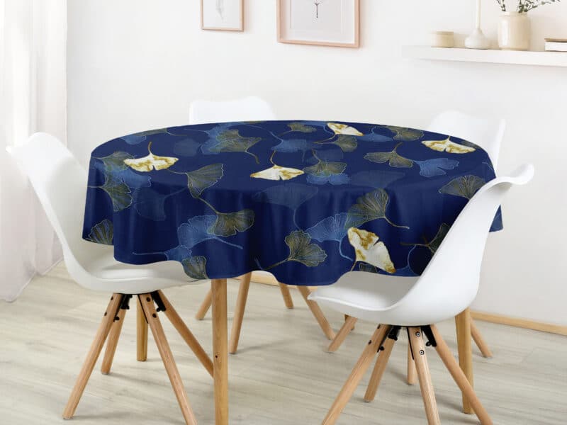 Round cotton tablecloth ginkgo on dark blue by Stofex.