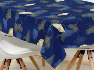 Square cotton tablecloth ginkgo on dark blue by Stofex.