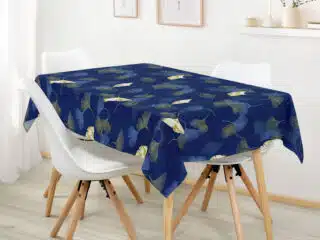 Square cotton tablecloth ginkgo on dark blue by Stofex.