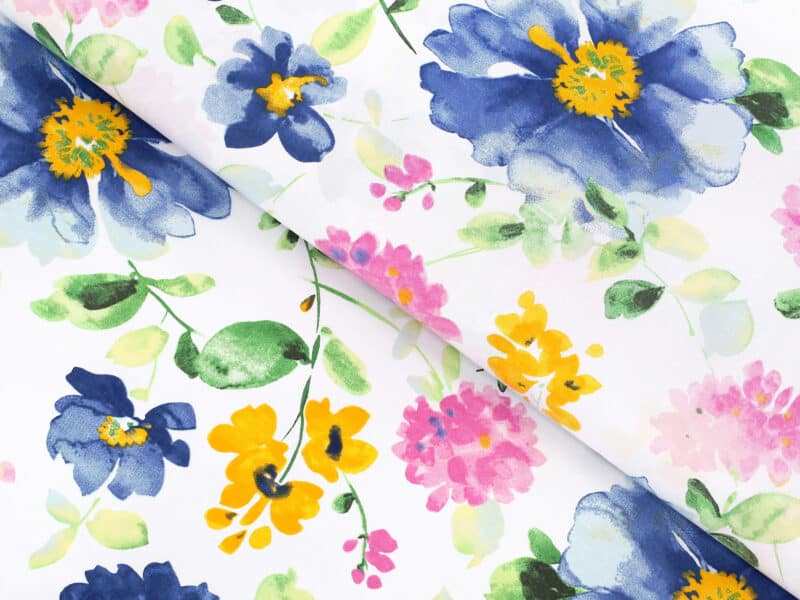 100% Cotton fabric watercolour flowers on white by Stofex.