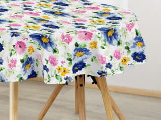 Oval cotton tablecloth watercolour flowers on white by Stofex.