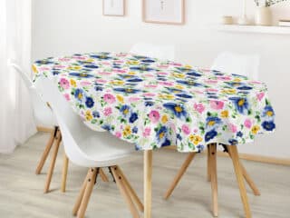 Oval cotton tablecloth watercolour flowers on white by Stofex.