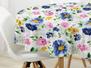 Round cotton tablecloth watercolour flowers on white by Stofex.