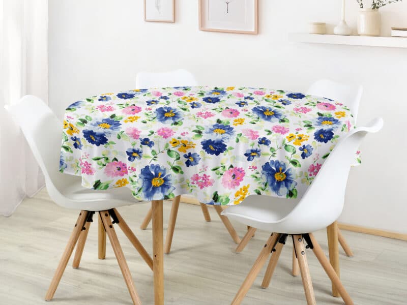 Round cotton tablecloth watercolour flowers on white by Stofex.