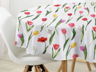 Round cotton tablecloth with tulips on white by Stofex.