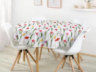 Round cotton tablecloth with tulips on white by Stofex.